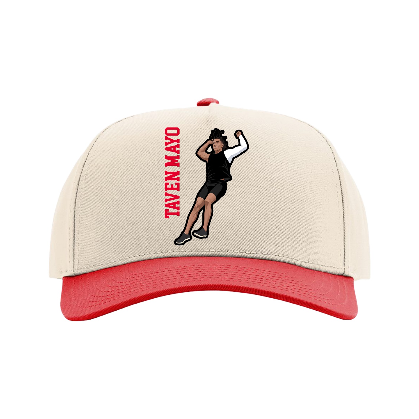 Full Fabric Five-Panel Champ Cap — Name Vertical in Cream/Red