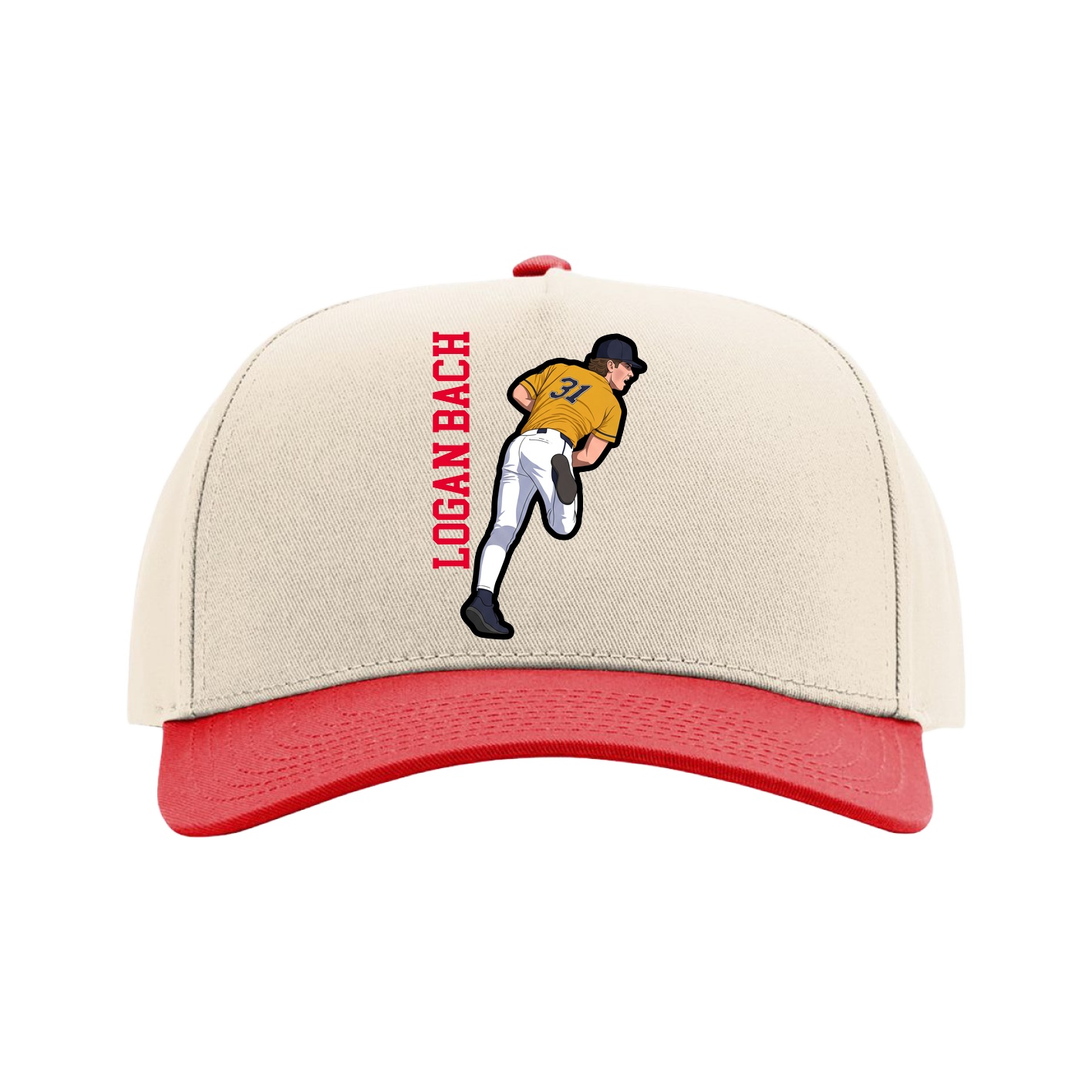 Full Fabric Five-Panel Champ Cap — Name Vertical in Cream/Red