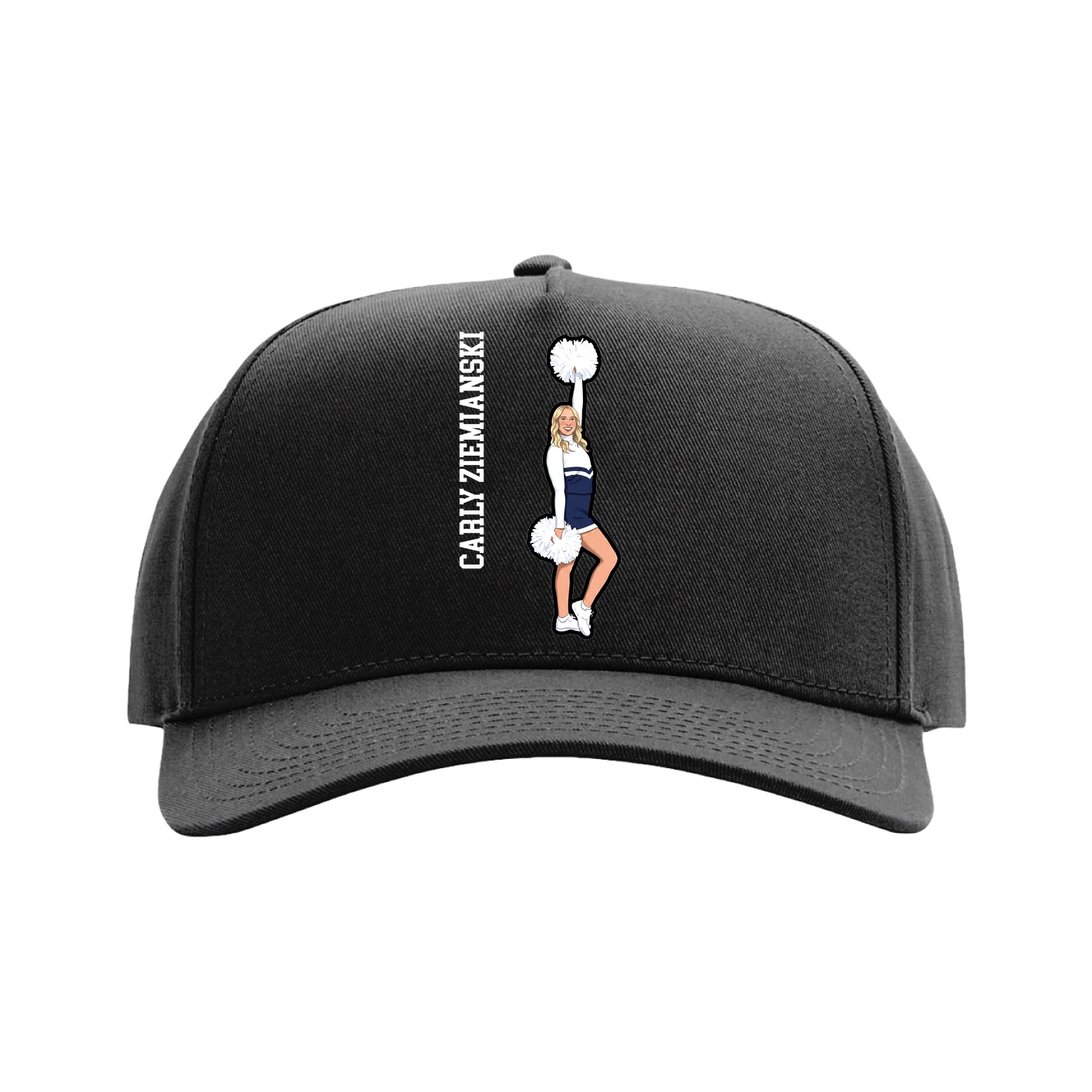 Full Fabric Five-Panel Champ Cap — Name Vertical in Black