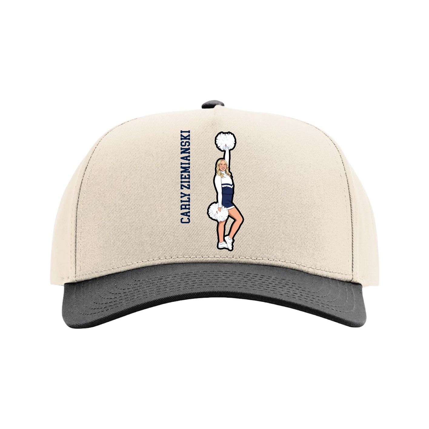 Full Fabric Five-Panel Champ Cap — Name Vertical in Cream/Black