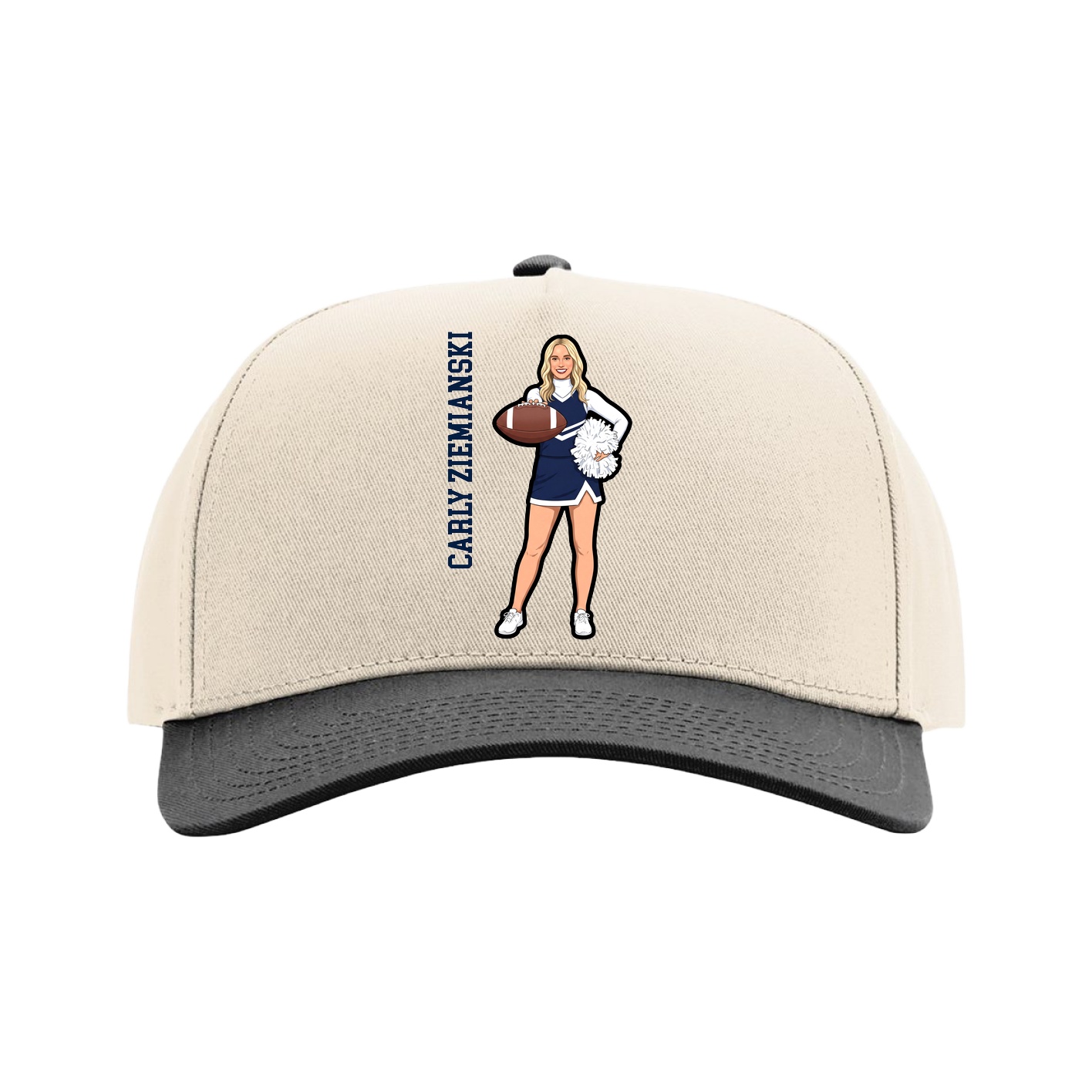 Full Fabric Five-Panel Champ Cap — Name Vertical in Cream/Black