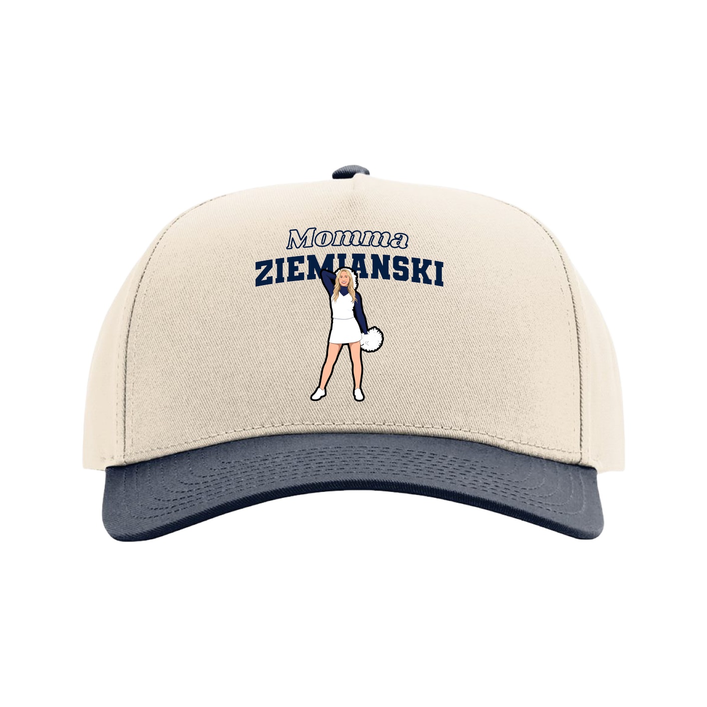 Full Fabric Five-Panel Champ Cap — Mothers Day Block in Cream/Navy