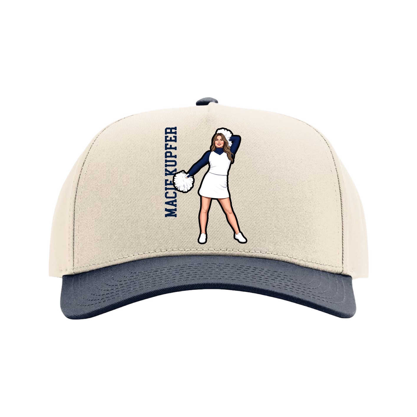 Full Fabric Five-Panel Champ Cap — Name Vertical in Cream/Navy