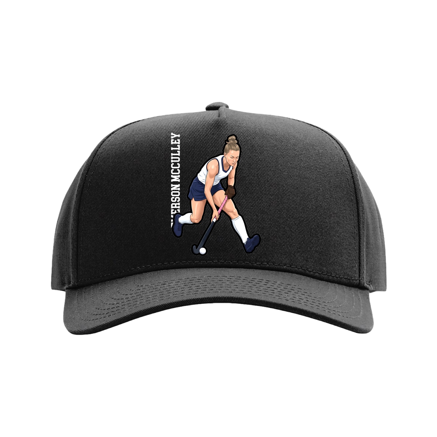 Full Fabric Five-Panel Champ Cap — Name Vertical in Black