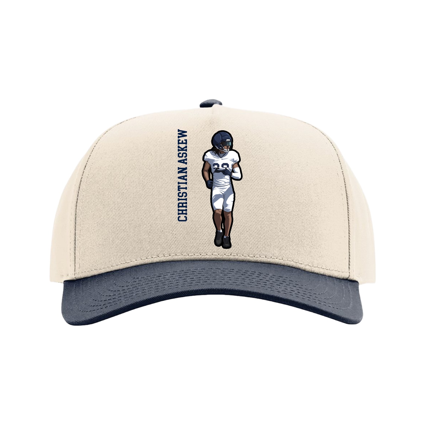 Full Fabric Five-Panel Champ Cap — Name Vertical in Cream/Navy