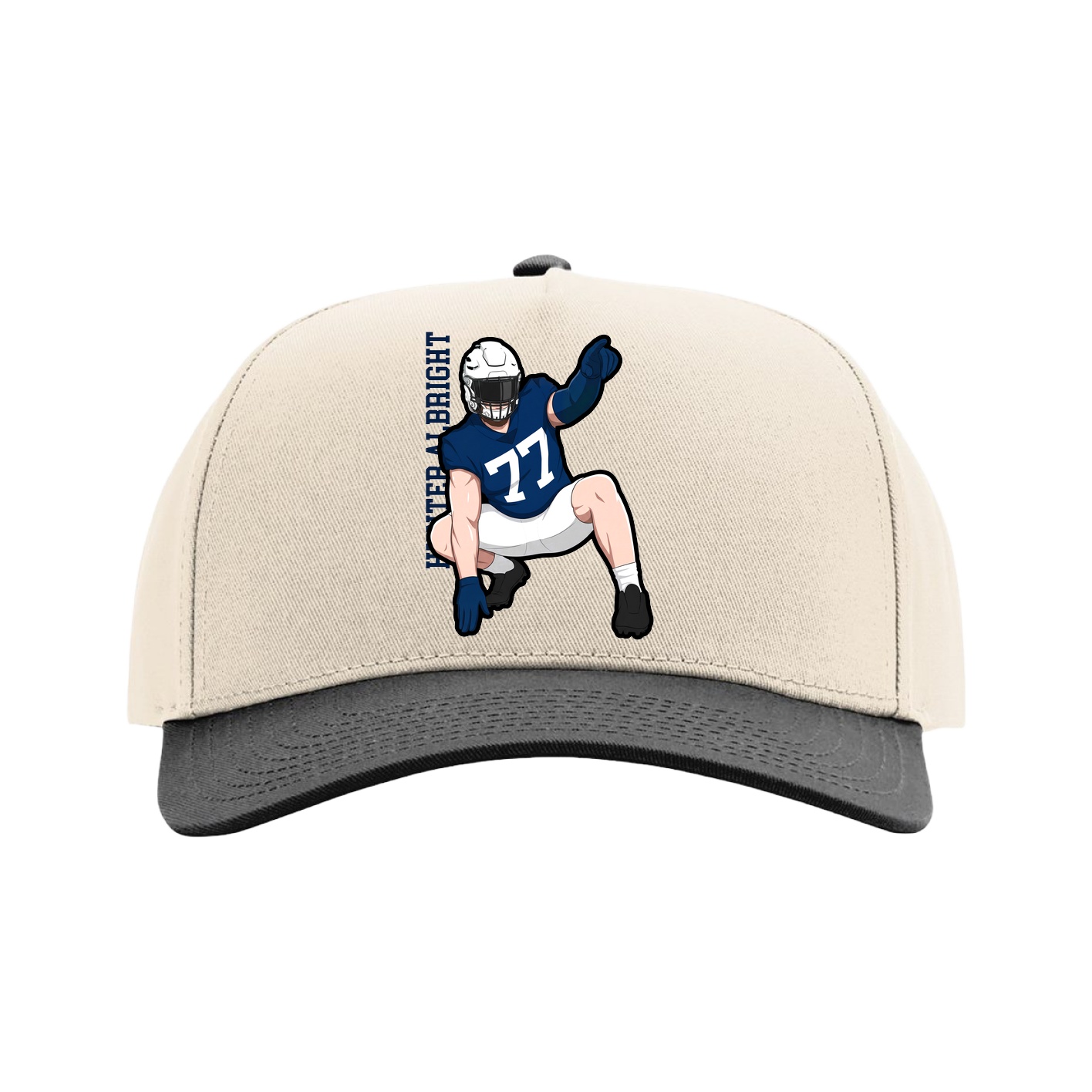 Full Fabric Five-Panel Champ Cap — Name Vertical in Cream/Black