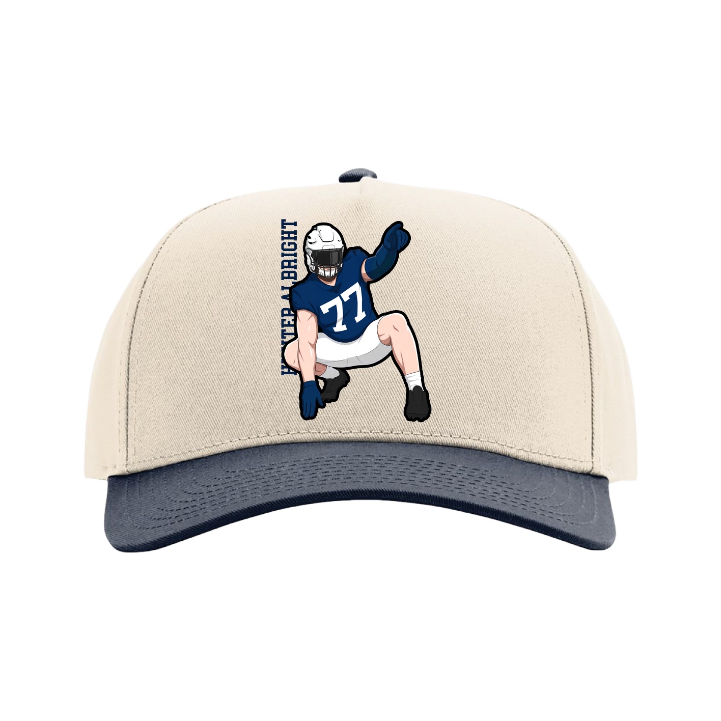 Full Fabric Five-Panel Champ Cap — Name Vertical in Cream/Navy