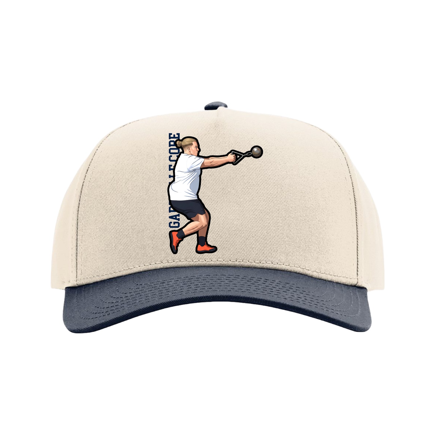 Full Fabric Five-Panel Champ Cap — Name Vertical in Cream/Navy