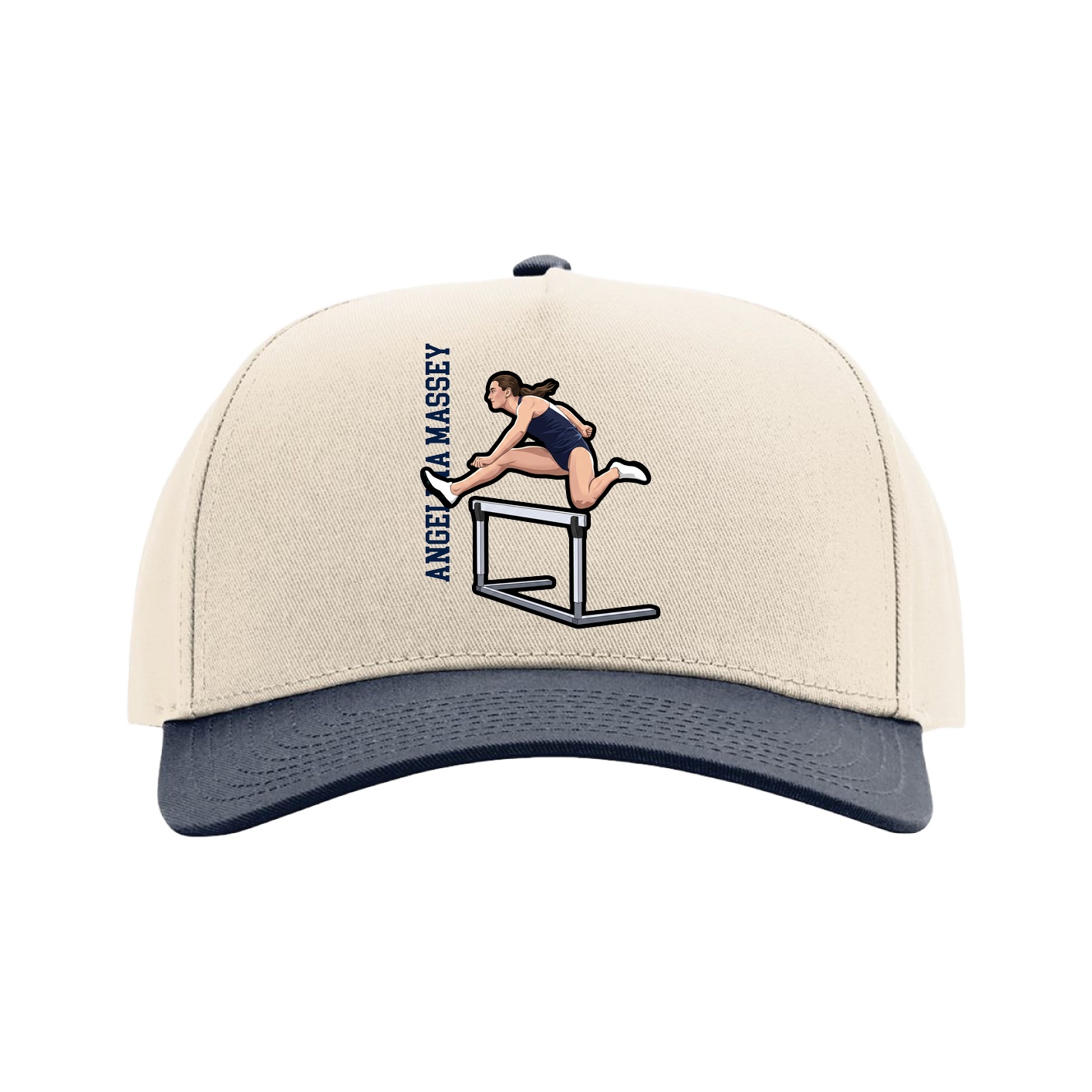 Full Fabric Five-Panel Champ Cap — Name Vertical in Cream/Navy