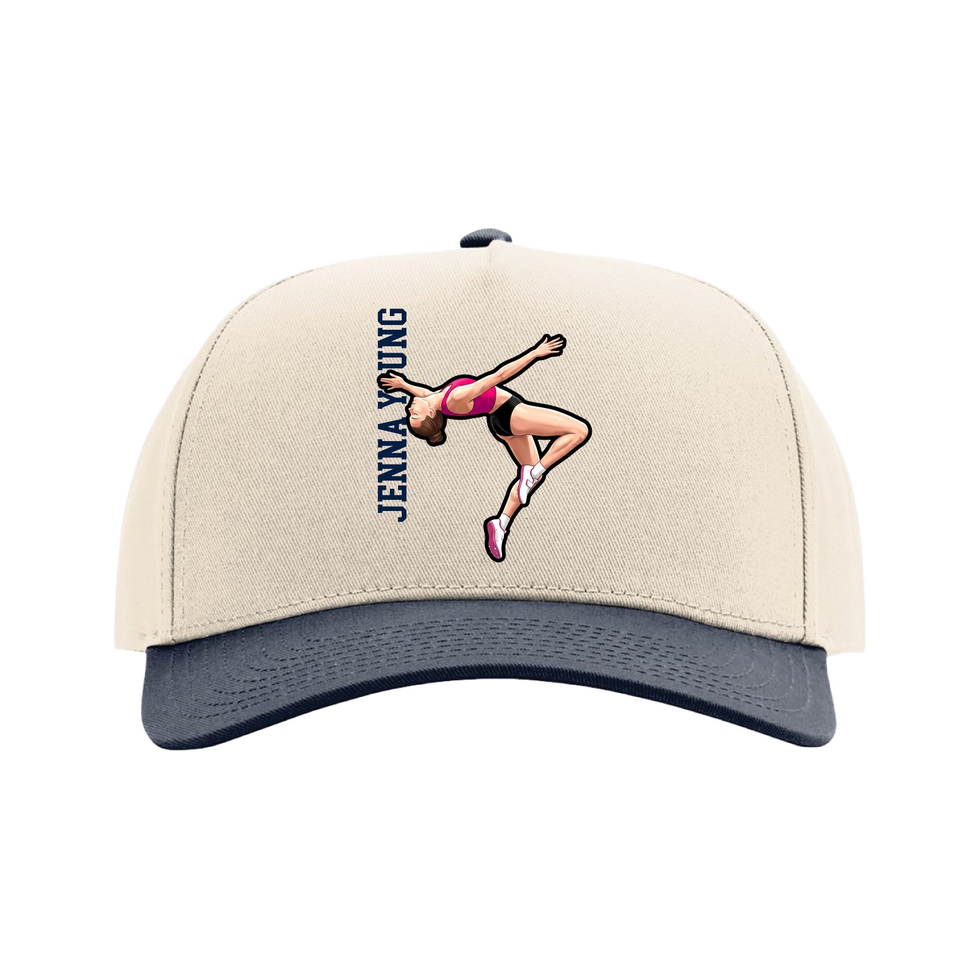 Full Fabric Five-Panel Champ Cap — Name Vertical in Cream/Navy