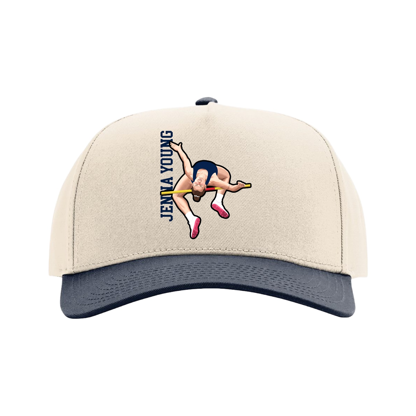 Full Fabric Five-Panel Champ Cap — Name Vertical in Cream/Navy