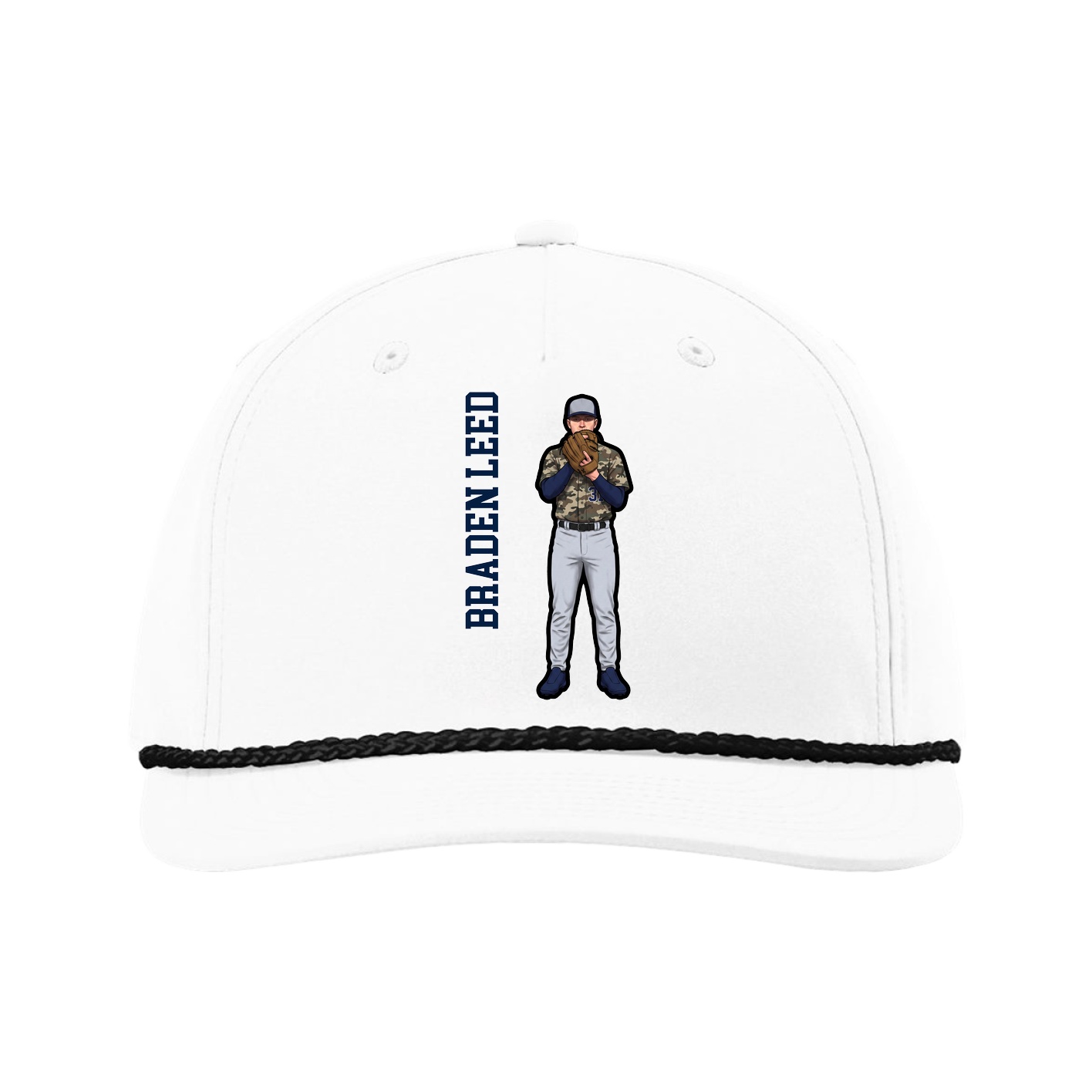 Five-Panel Classic Rope Cap — Name Vertical in White