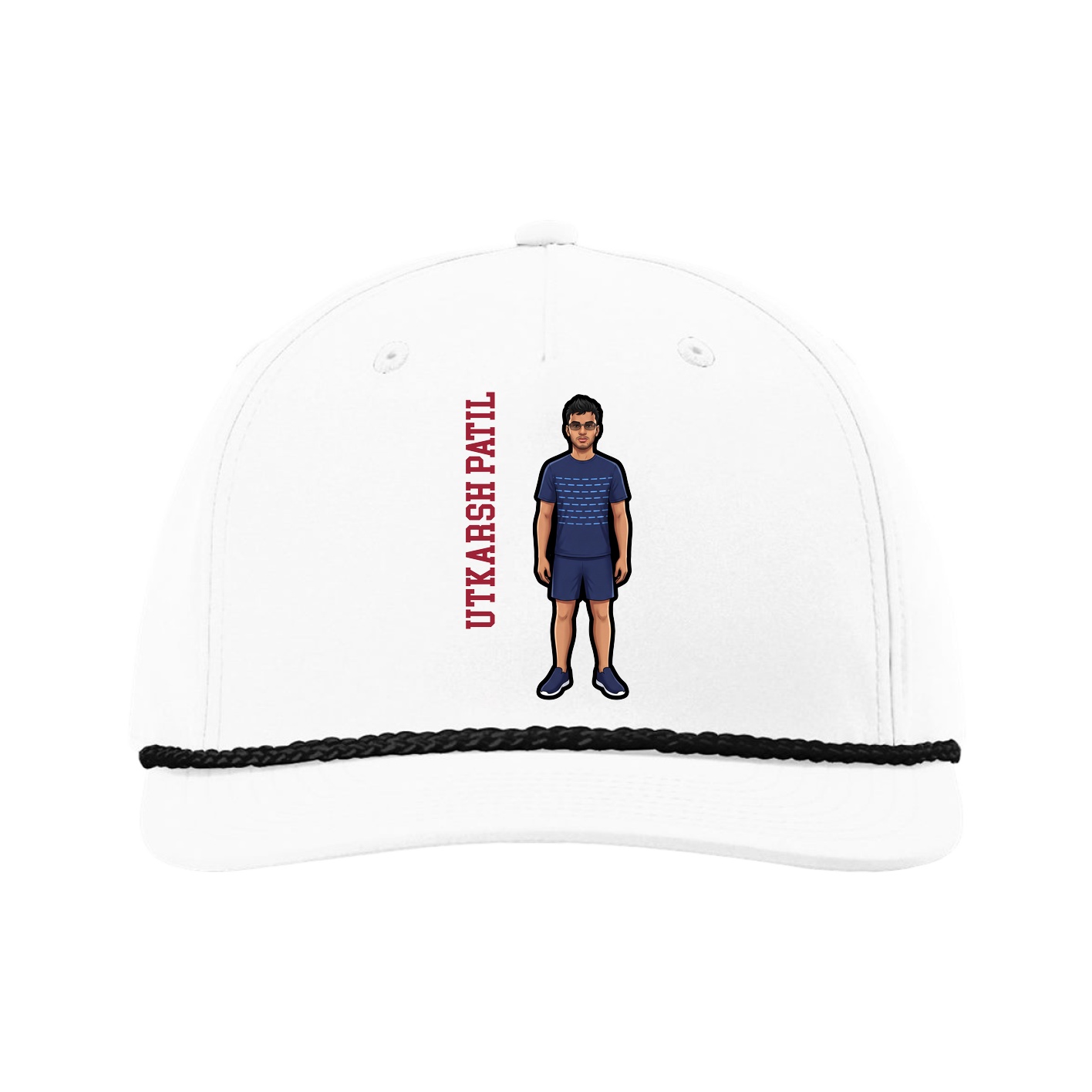 Five-Panel Classic Rope Cap — Name Vertical in White