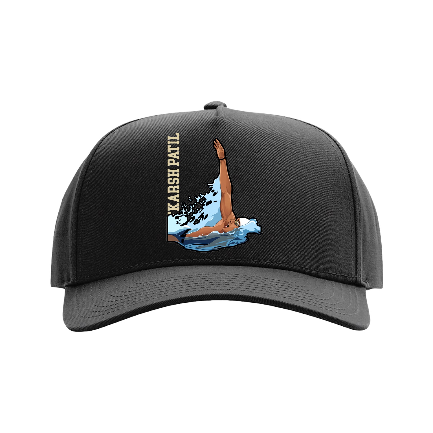 Full Fabric Five-Panel Champ Cap — Name Vertical in Black