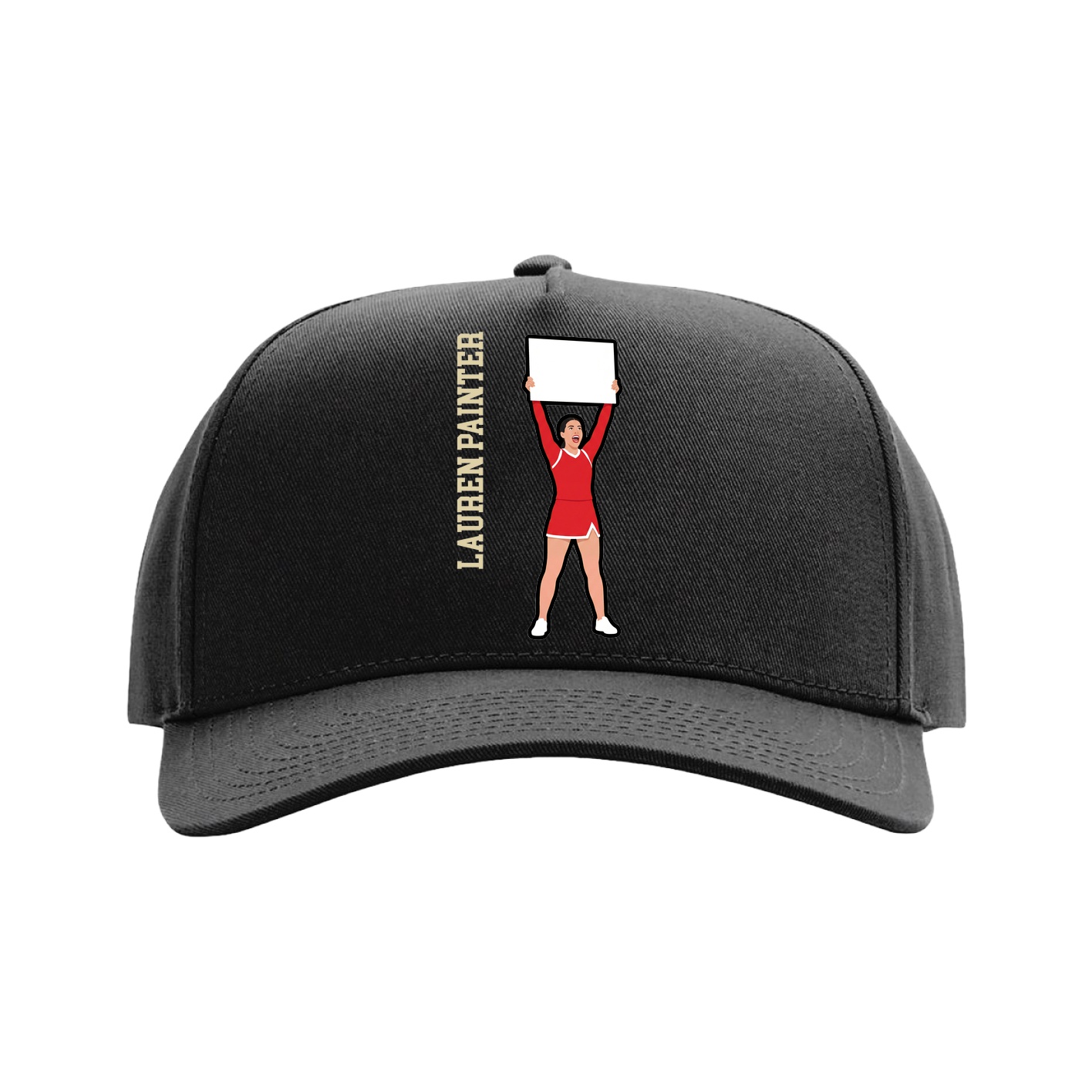 Full Fabric Five-Panel Champ Cap — Name Vertical in Black