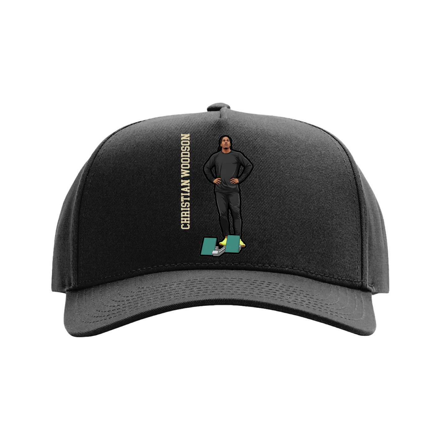 Full Fabric Five-Panel Champ Cap — Name Vertical in Black