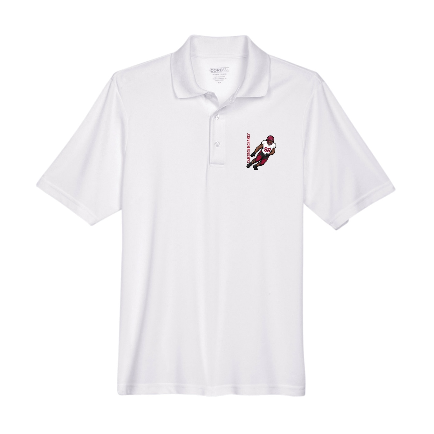 Performance Polo — Name Vertical in White