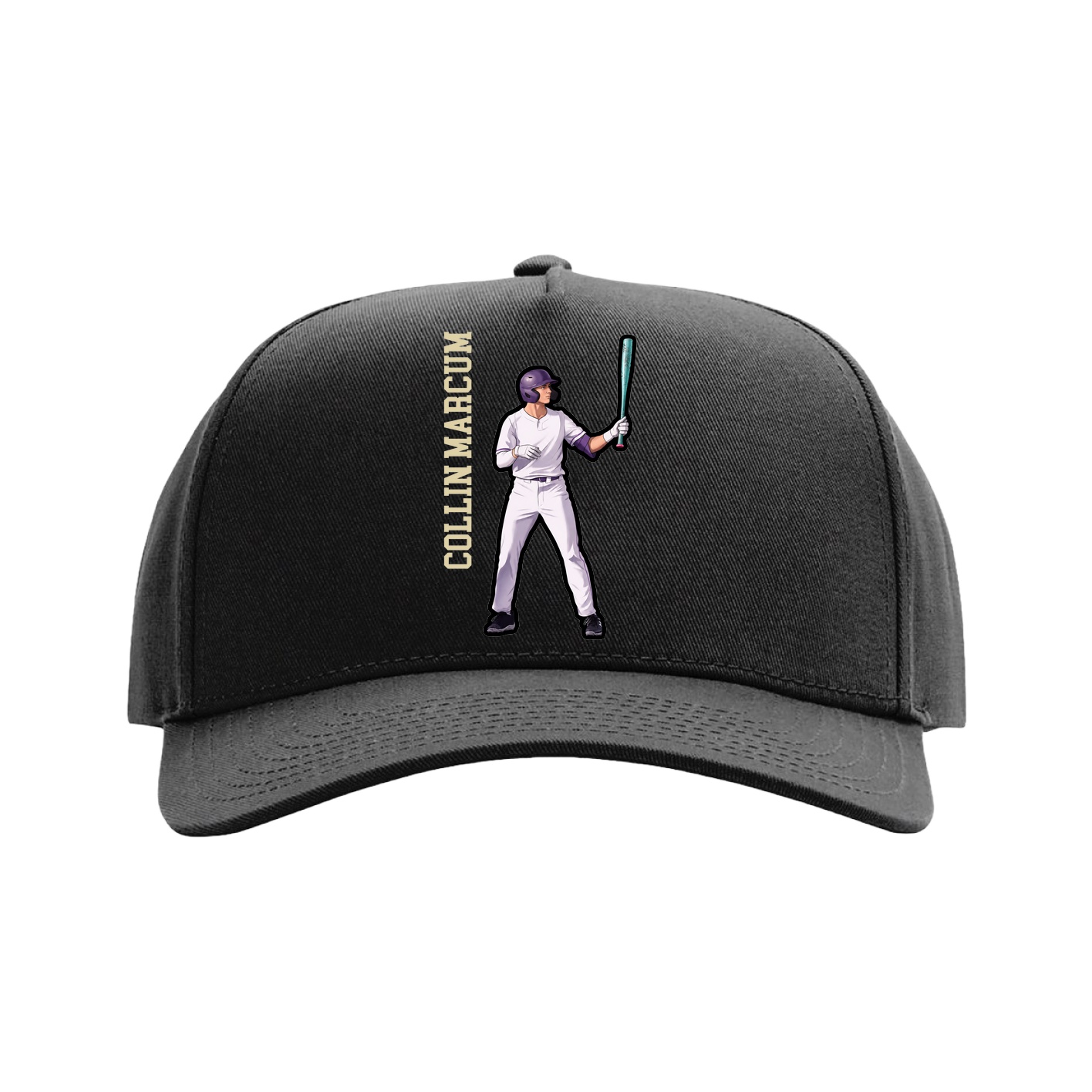 Full Fabric Five-Panel Champ Cap — Name Vertical in Black