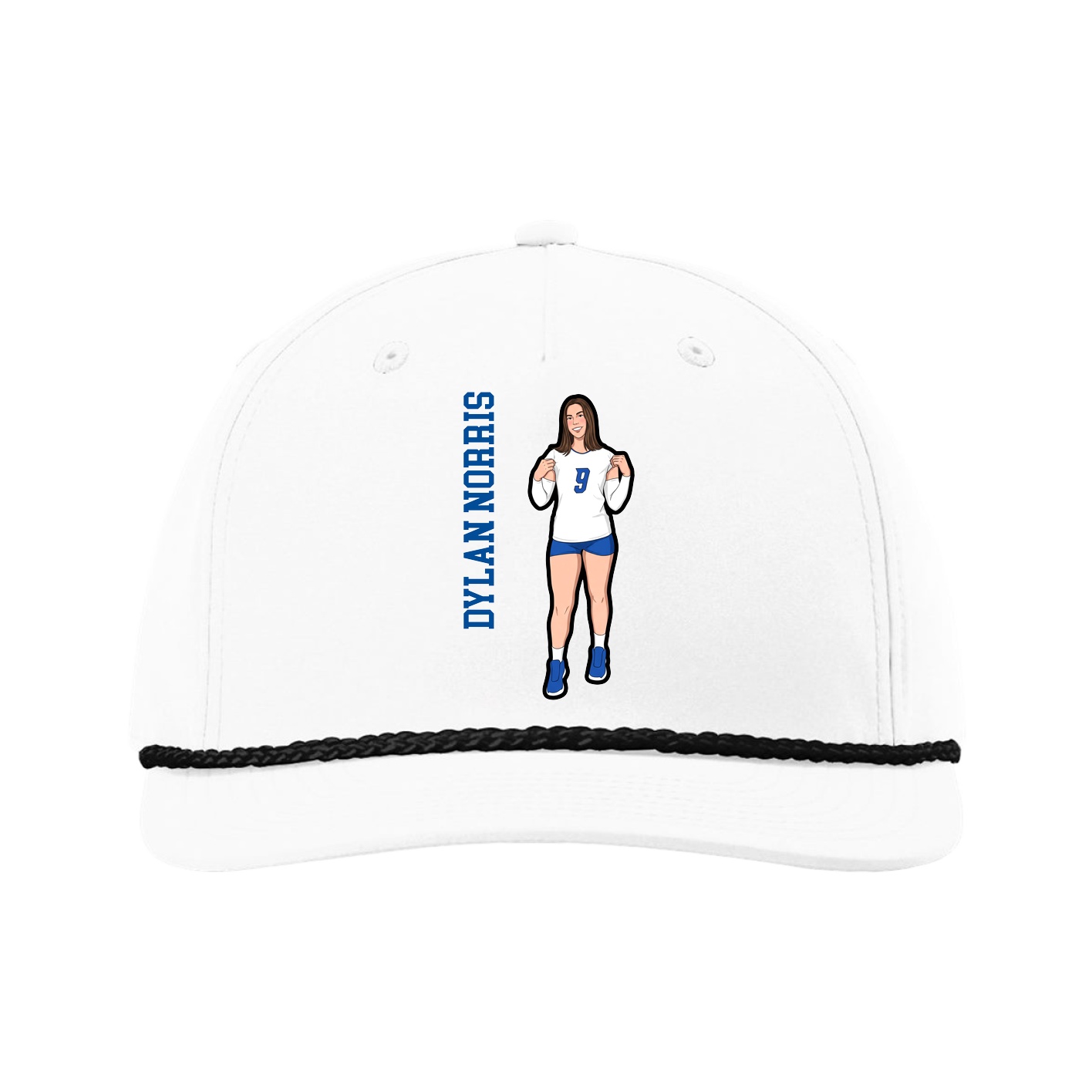 Five-Panel Classic Rope Cap — Name Vertical in White