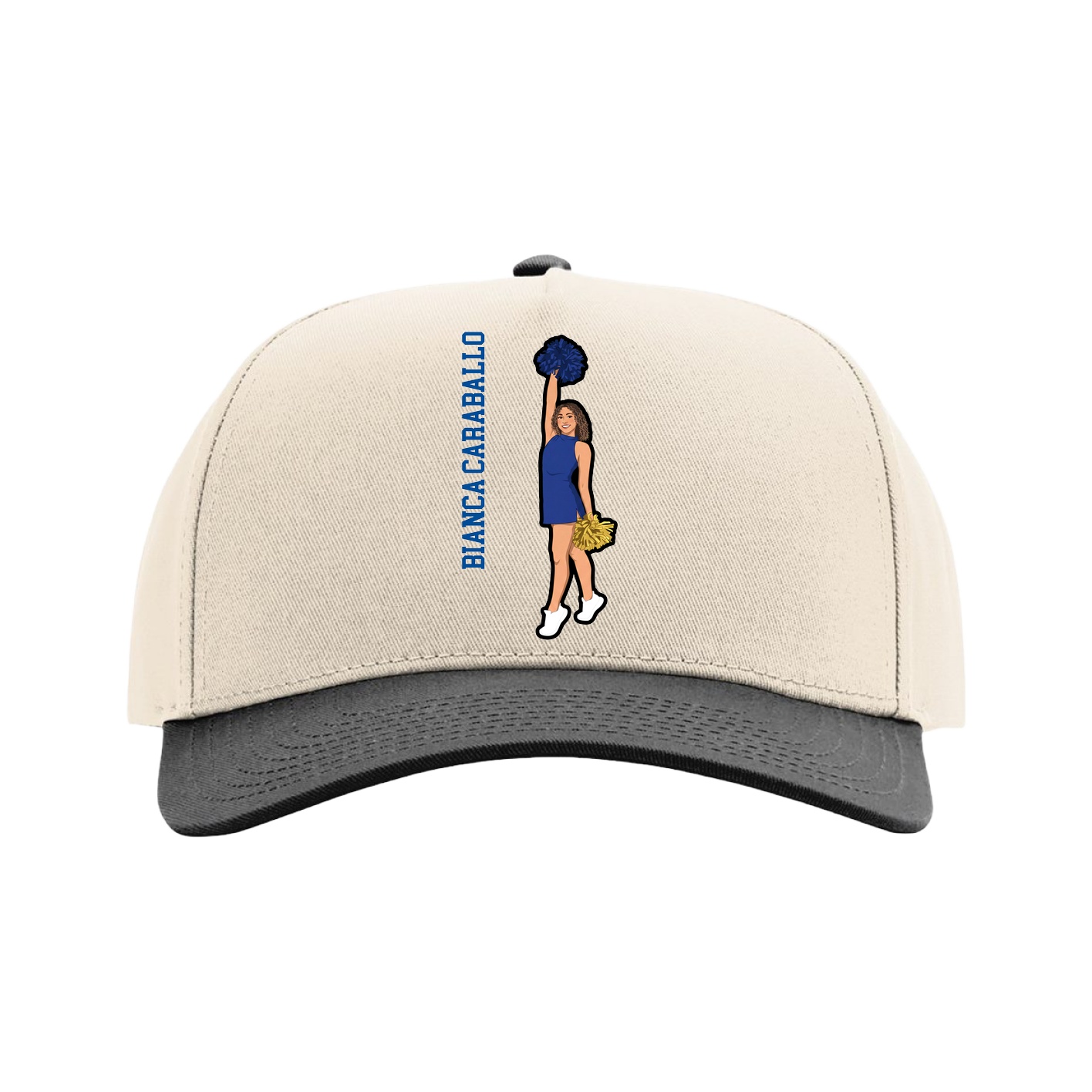 Full Fabric Five-Panel Champ Cap — Name Vertical in Cream/Black