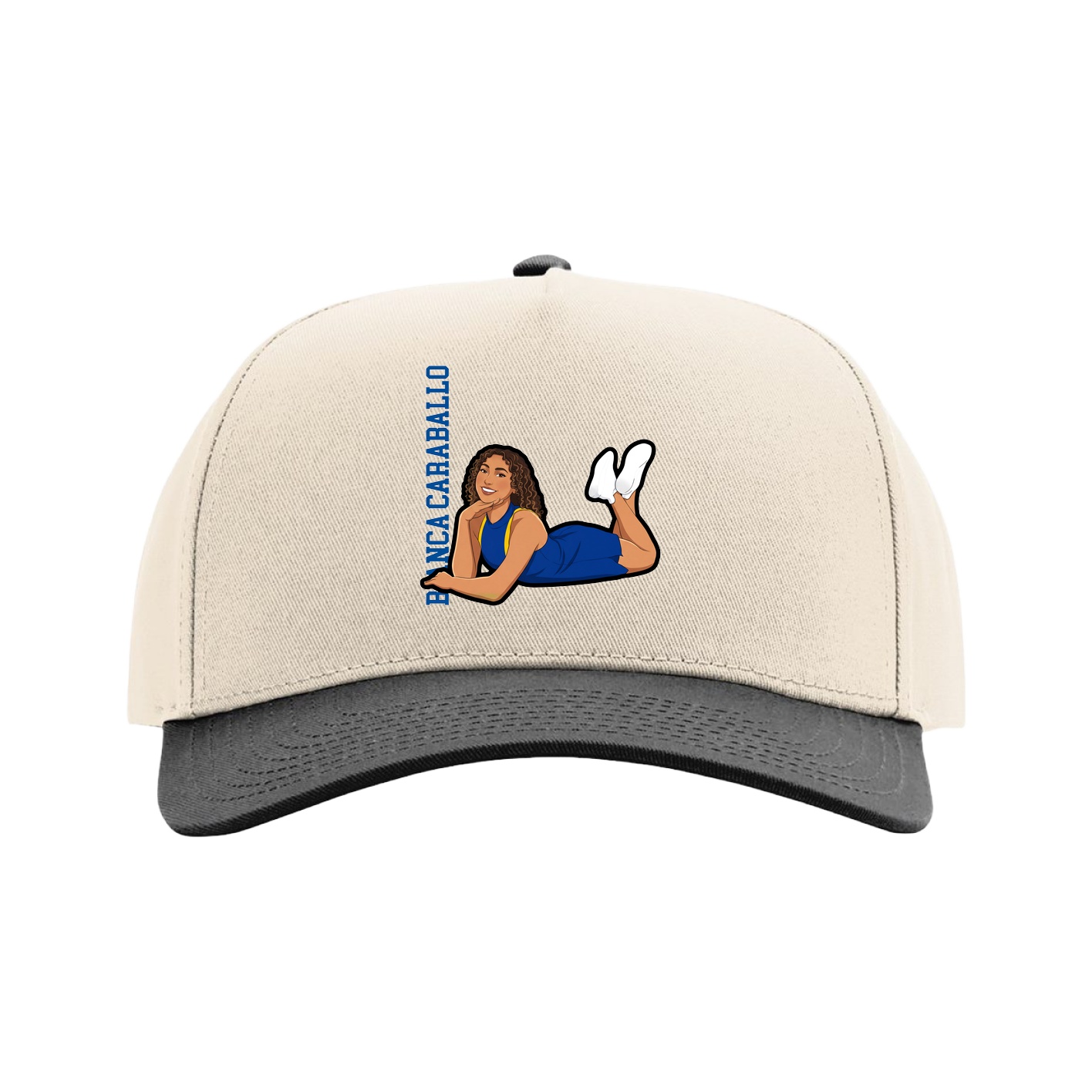 Full Fabric Five-Panel Champ Cap — Name Vertical in Cream/Black