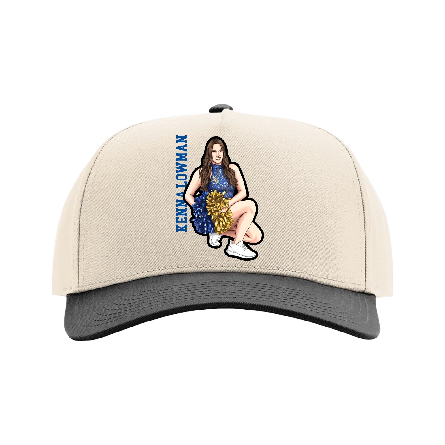 Full Fabric Five-Panel Champ Cap — Name Vertical in Cream/Black