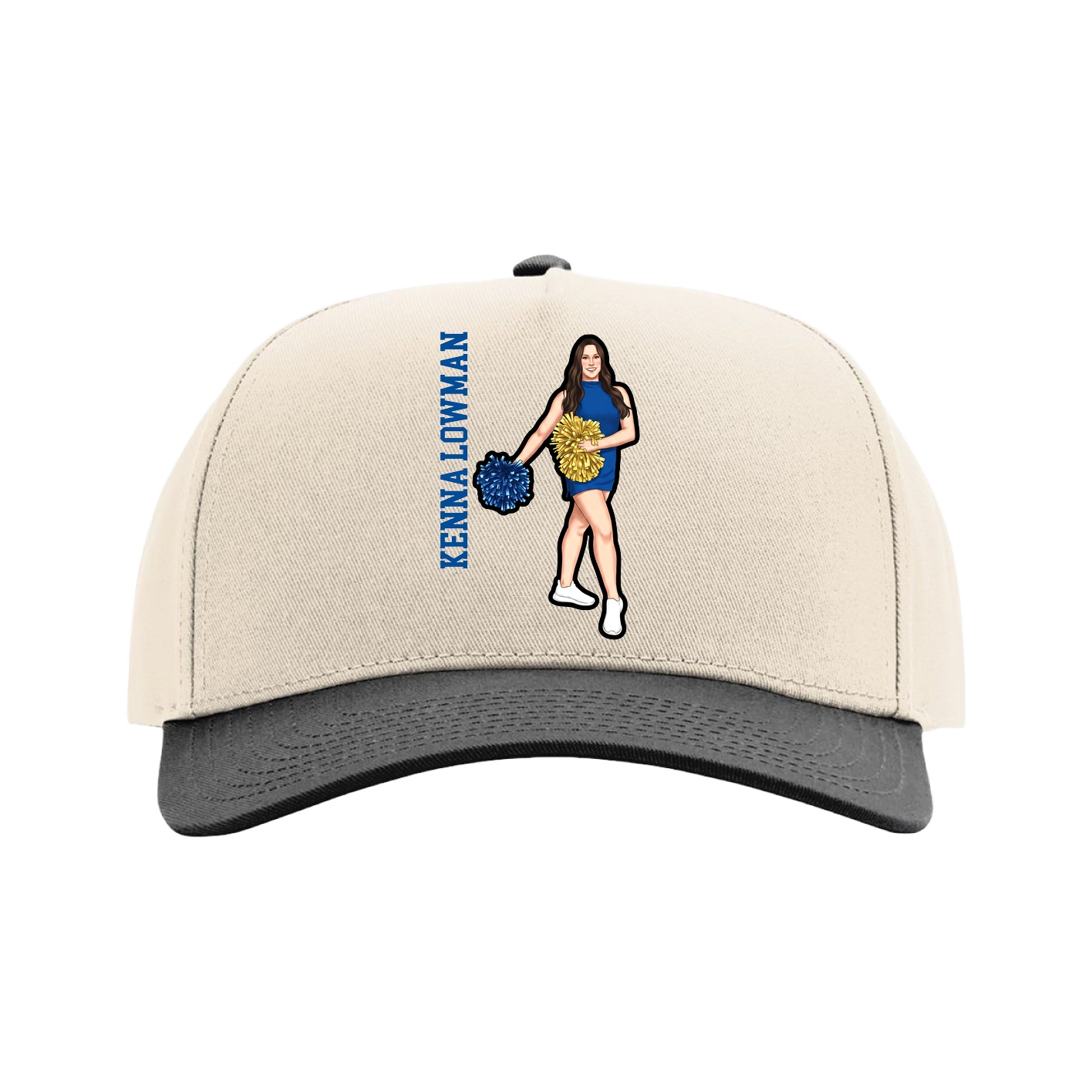 Full Fabric Five-Panel Champ Cap — Name Vertical in Cream/Black