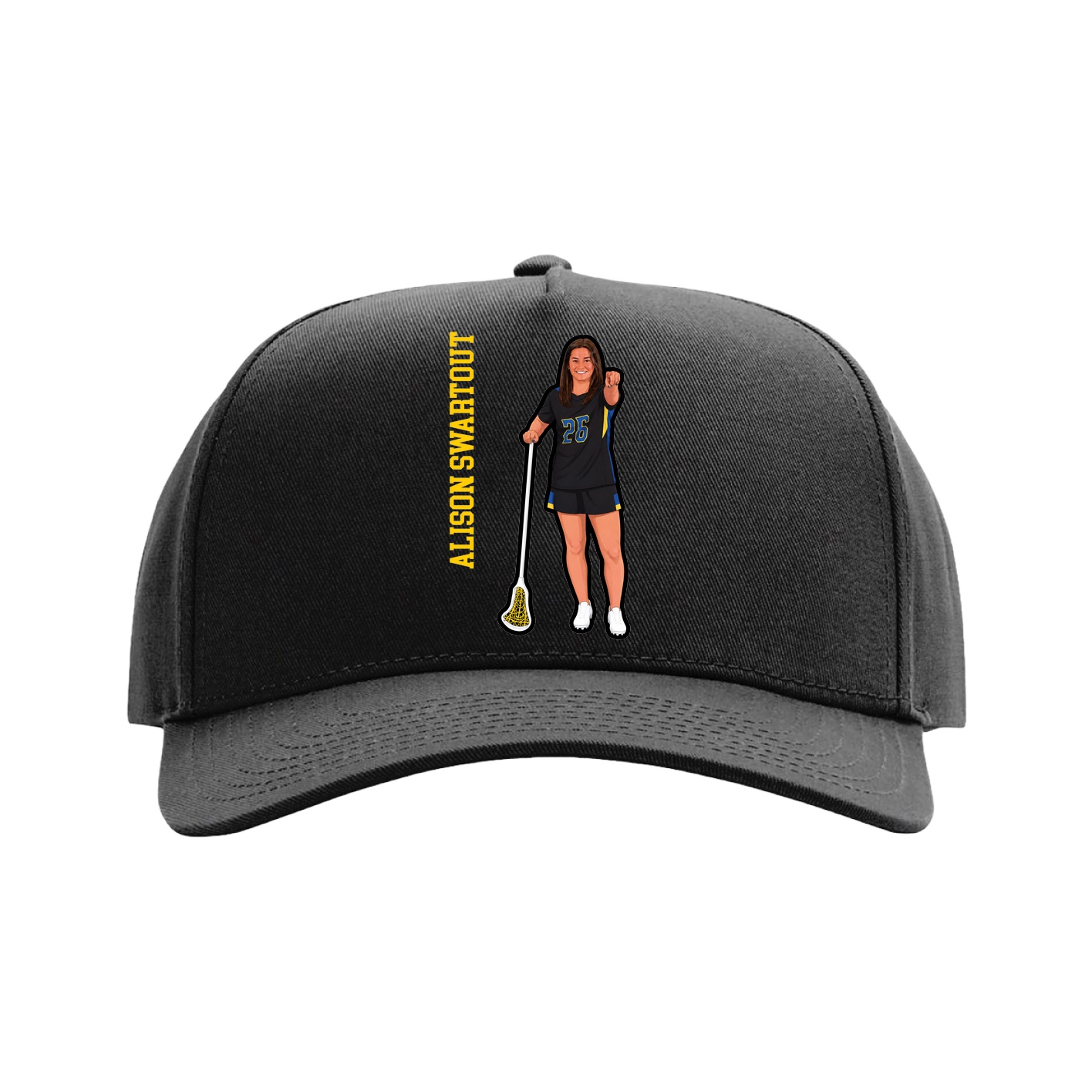 Full Fabric Five-Panel Champ Cap — Name Vertical in Black