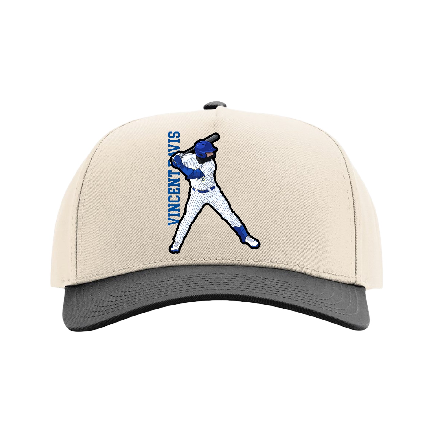 Full Fabric Five-Panel Champ Cap — Name Vertical in Cream/Black