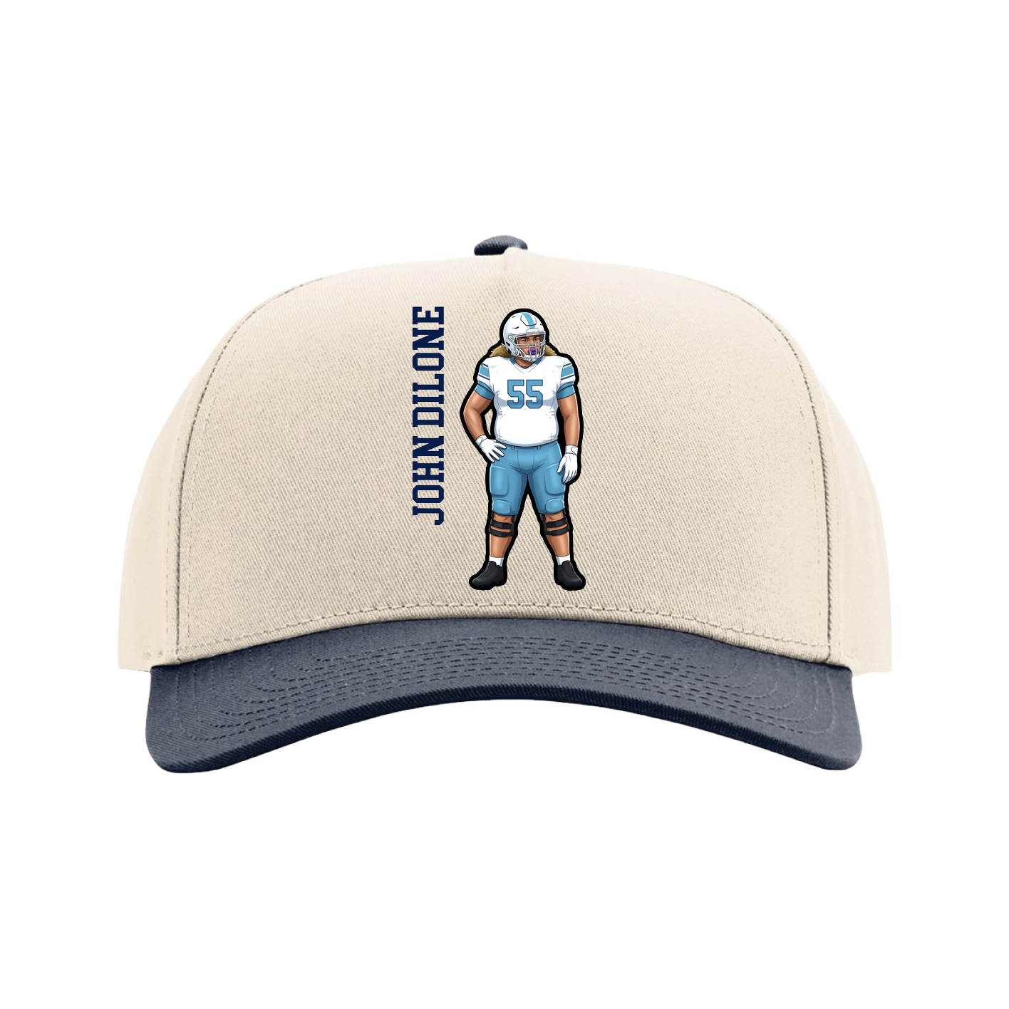Full Fabric Five-Panel Champ Cap — Name Vertical in Cream/Navy