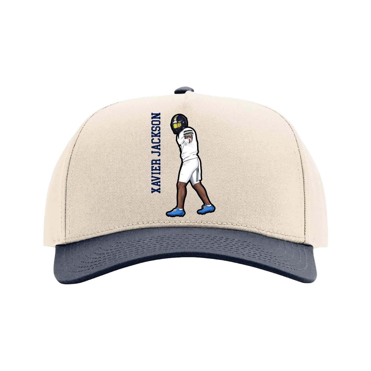 Full Fabric Five-Panel Champ Cap — Name Vertical in Cream/Navy