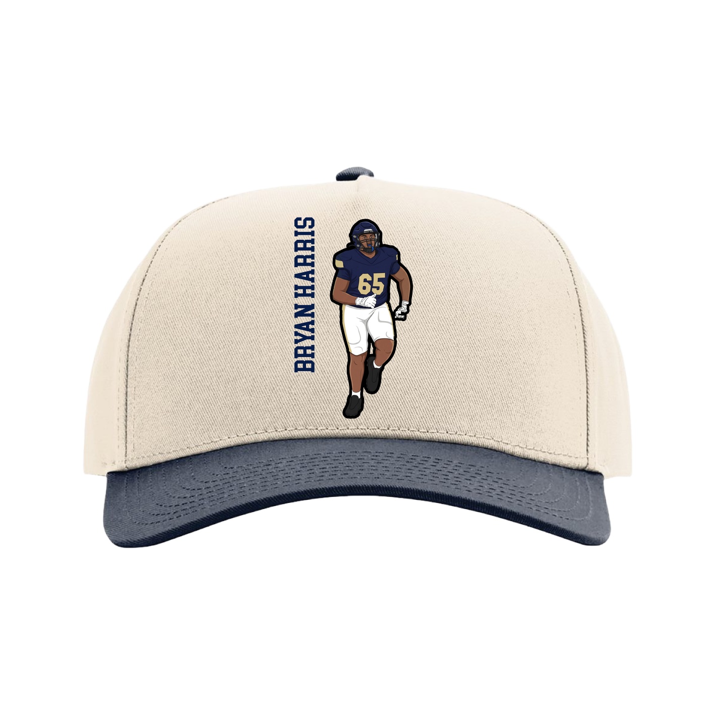 Full Fabric Five-Panel Champ Cap — Name Vertical in Cream/Navy