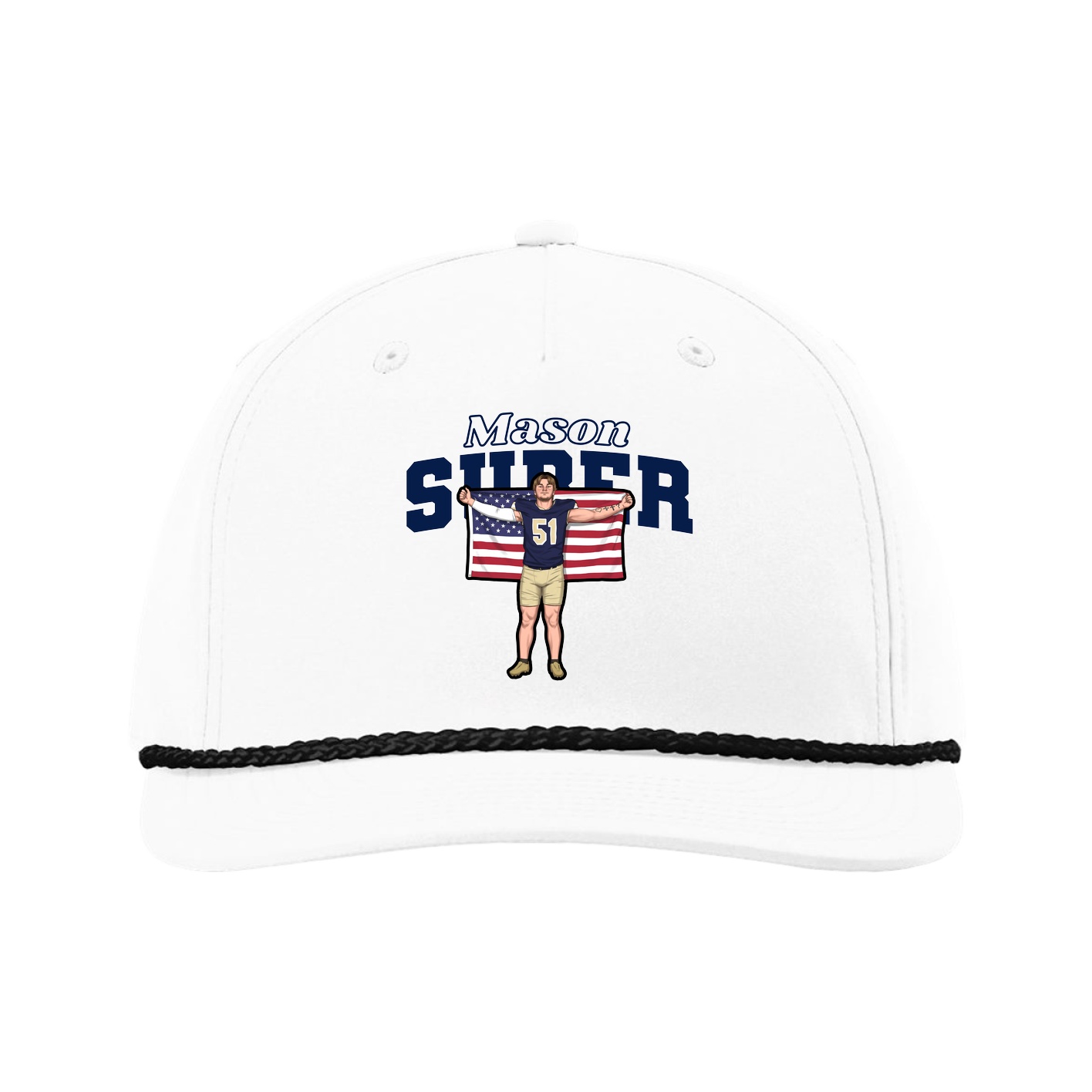 Five-Panel Classic Rope Cap — Name Arch in White