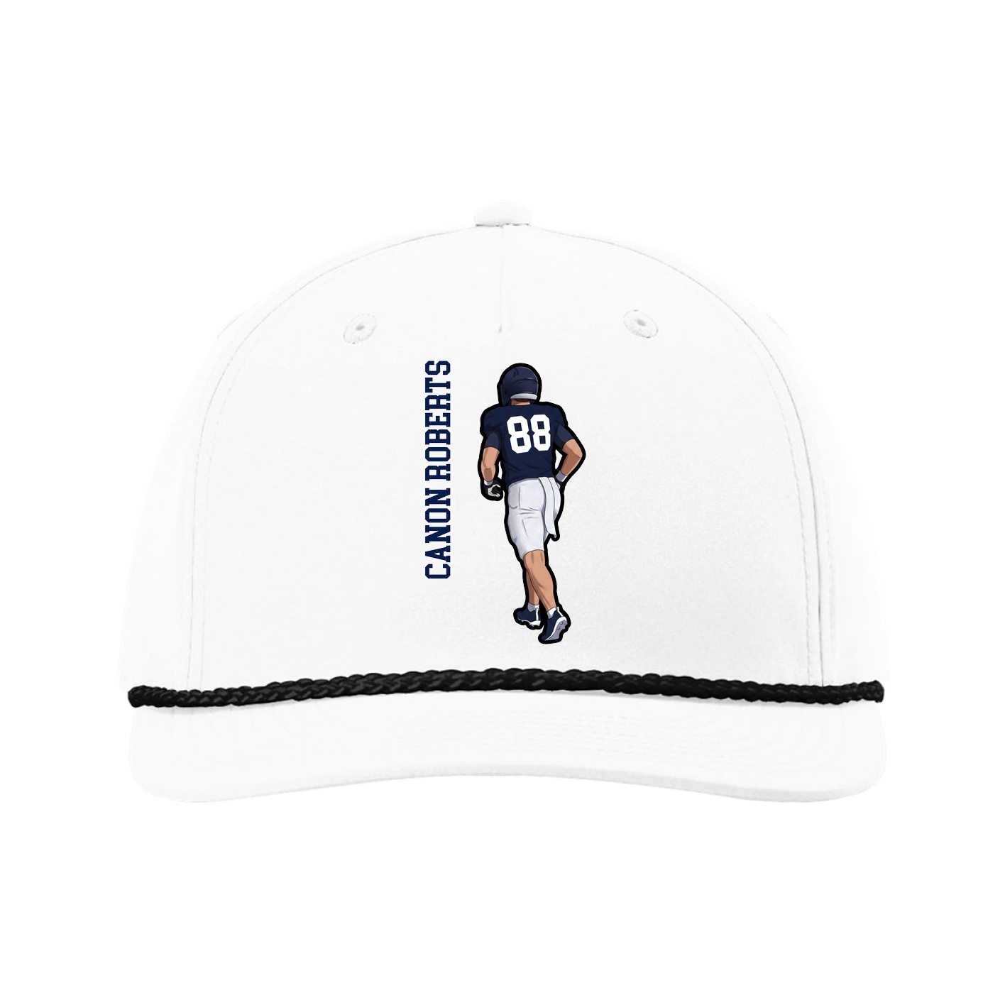 Five-Panel Classic Rope Cap — Name Vertical in White