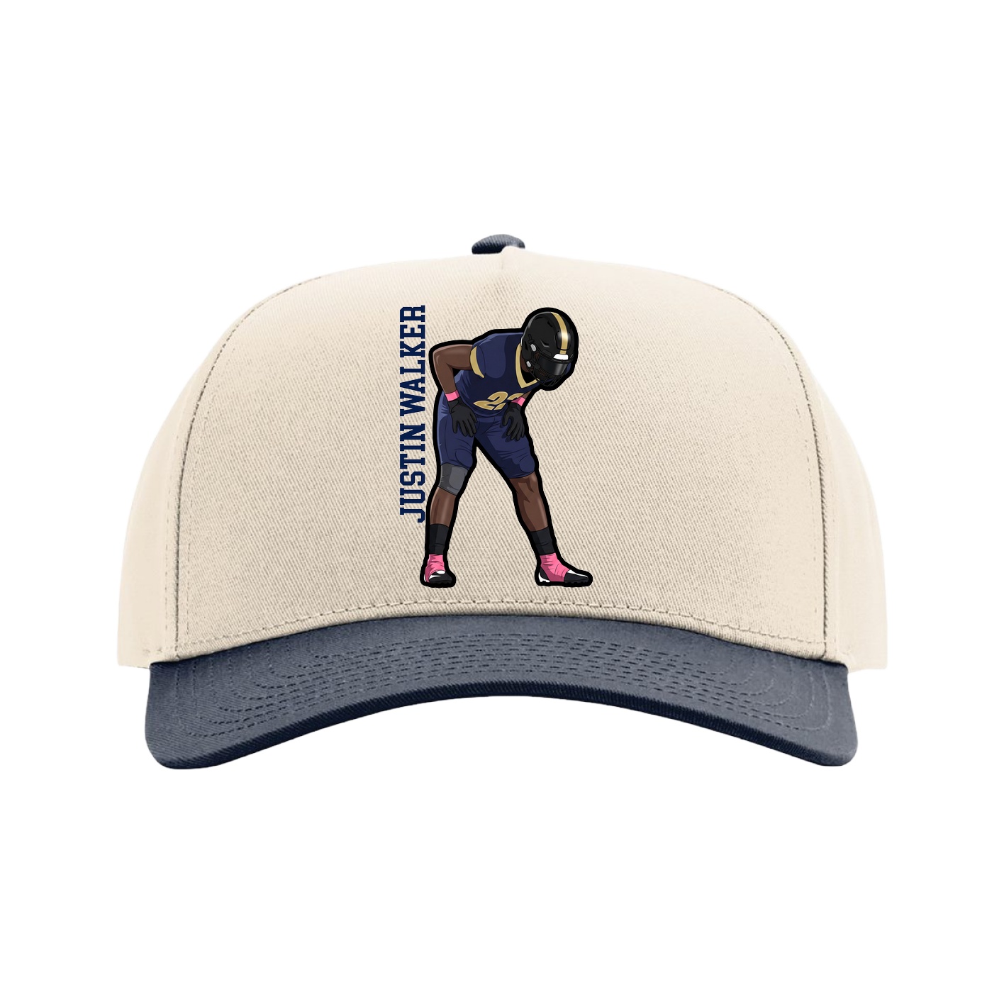 Full Fabric Five-Panel Champ Cap — Name Vertical in Cream/Navy