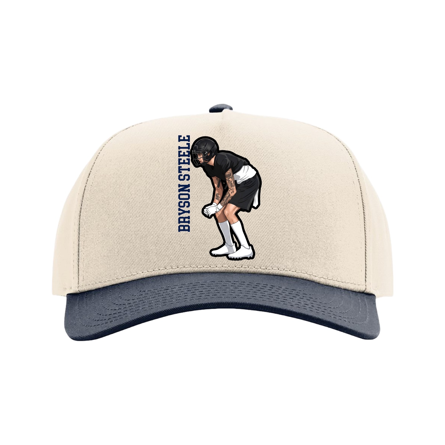 Full Fabric Five-Panel Champ Cap — Name Vertical in Cream/Navy