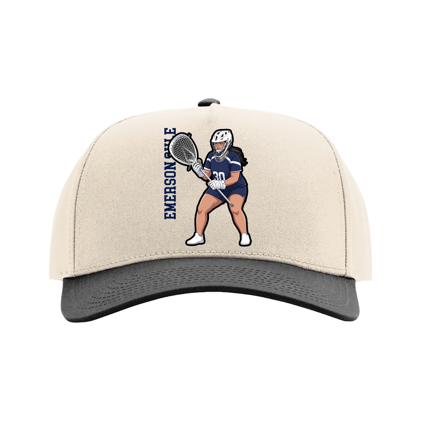 Full Fabric Five-Panel Champ Cap — Name Vertical in Cream/Black