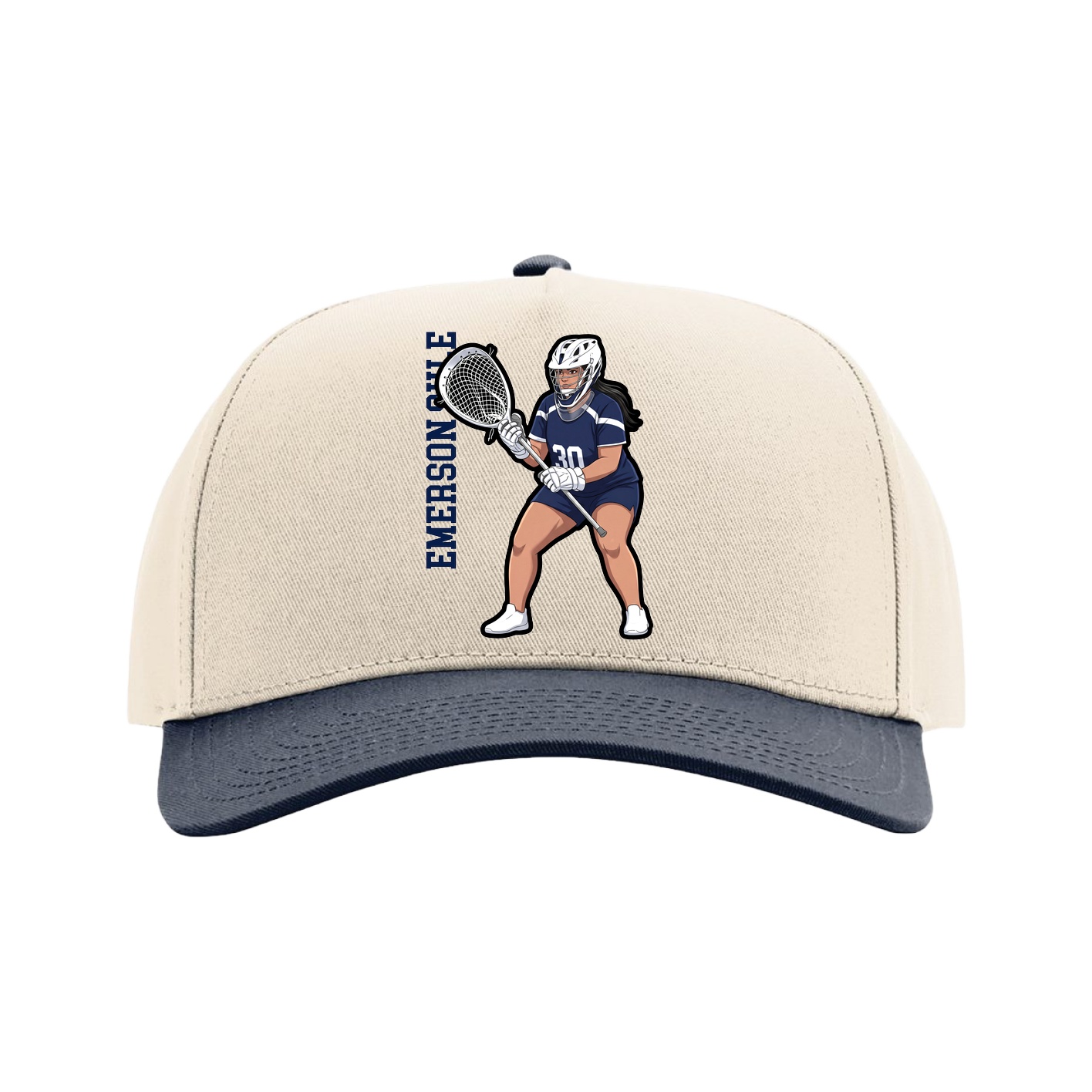 Full Fabric Five-Panel Champ Cap — Name Vertical in Cream/Navy