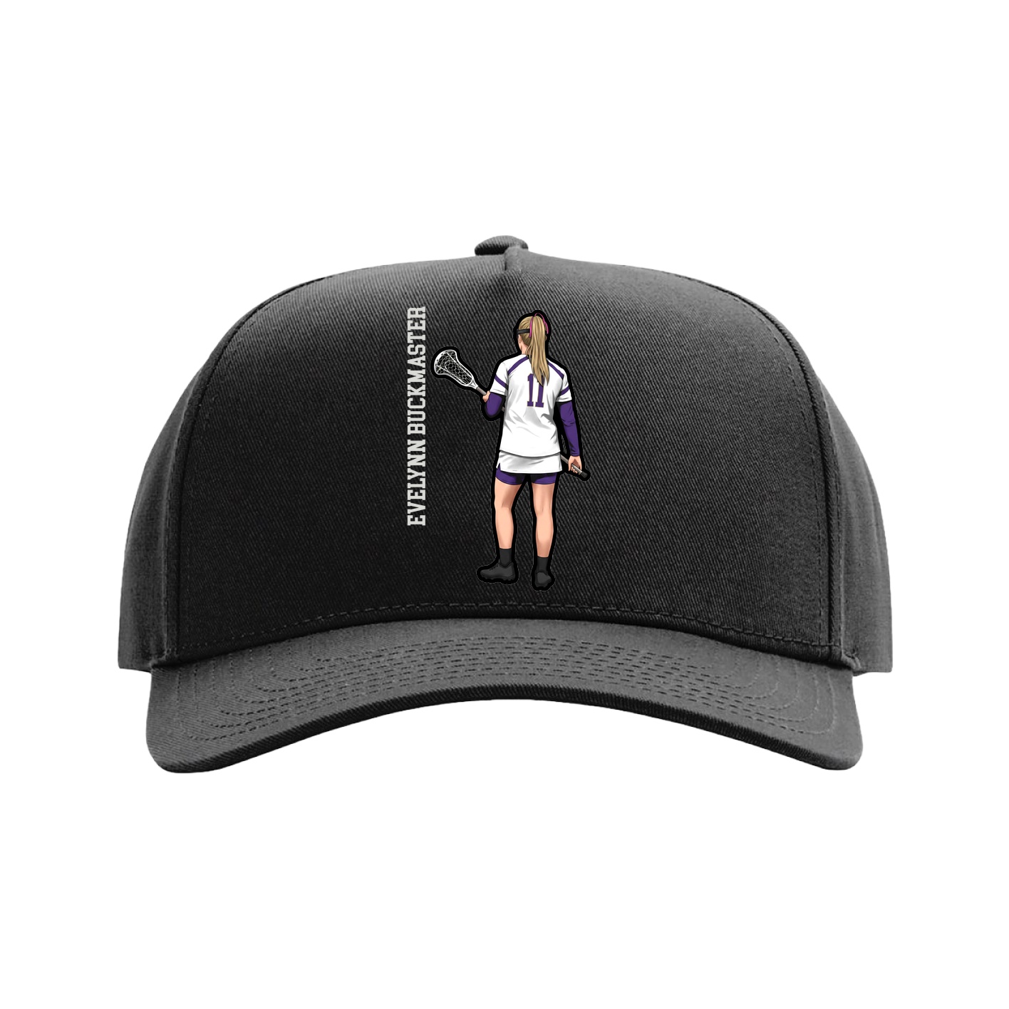 Full Fabric Five-Panel Champ Cap — Name Vertical in Black