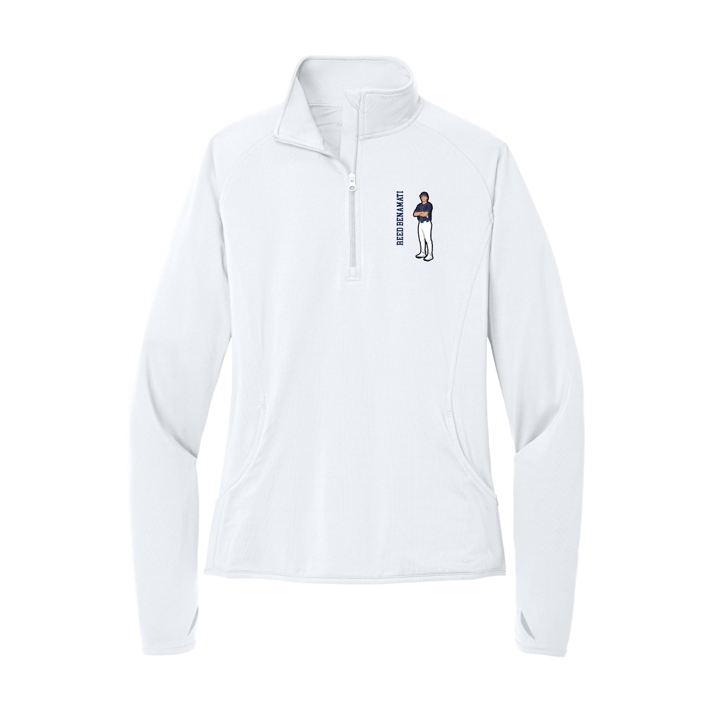 Women's Q-Zip Pullover — Name Vertical in White