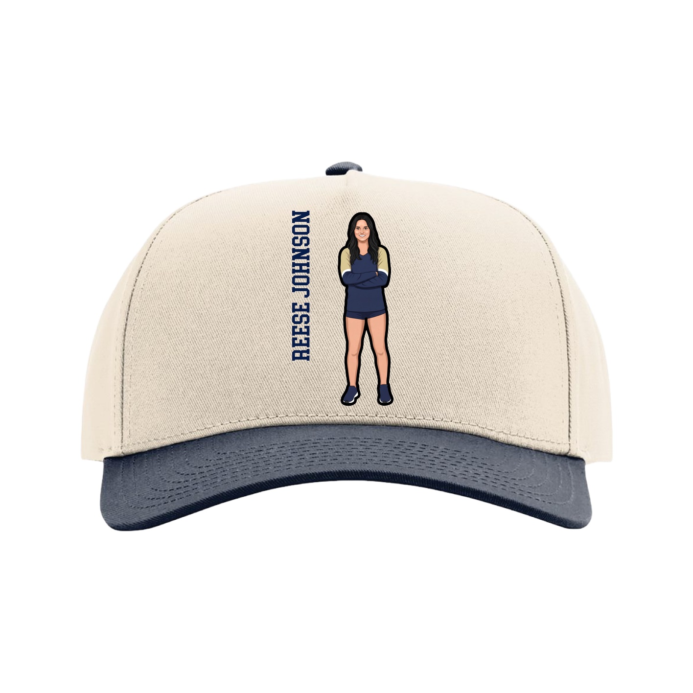 Full Fabric Five-Panel Champ Cap — Name Vertical in Cream/Navy