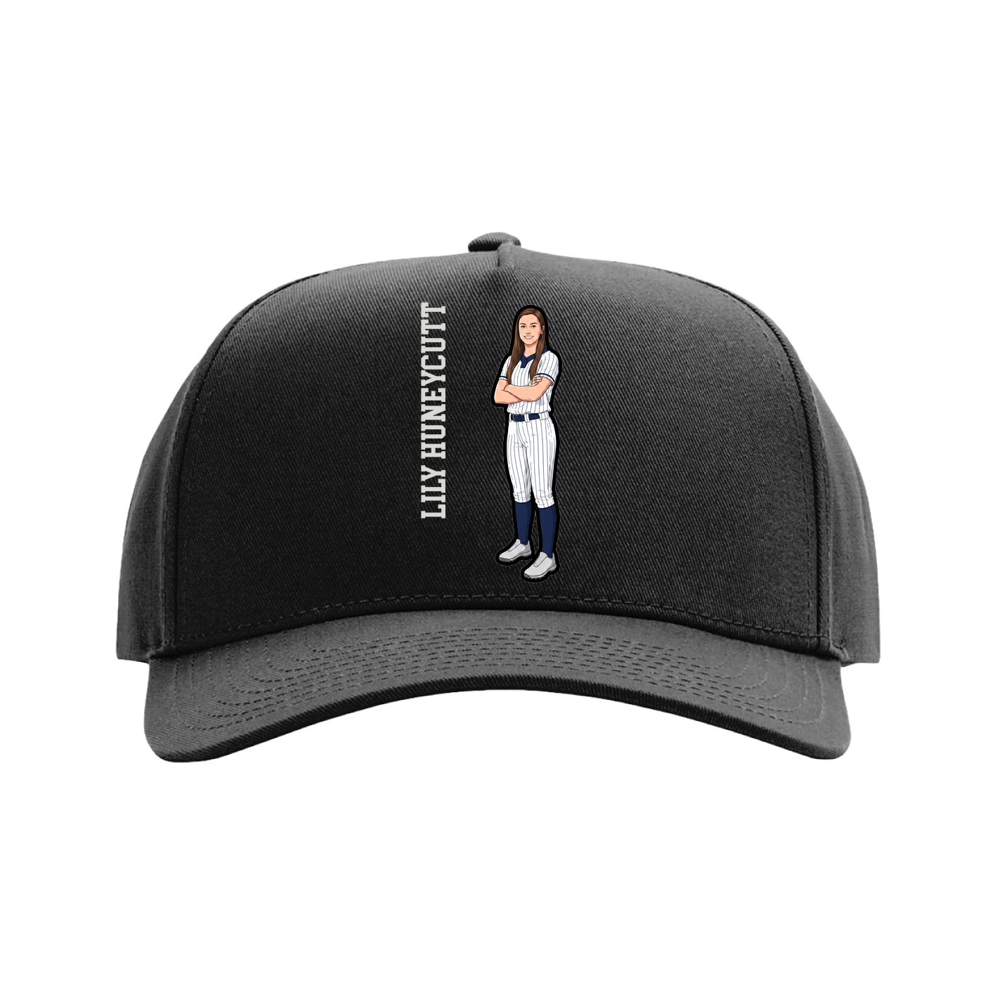 Full Fabric Five-Panel Champ Cap — Name Vertical in Black