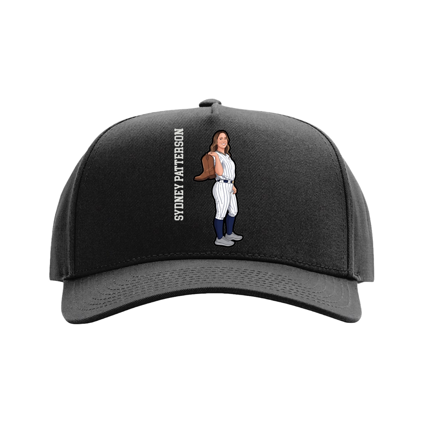 Full Fabric Five-Panel Champ Cap — Name Vertical in Black