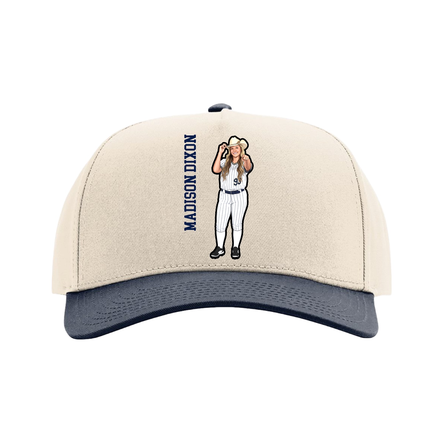 Full Fabric Five-Panel Champ Cap — Name Vertical in Cream/Navy