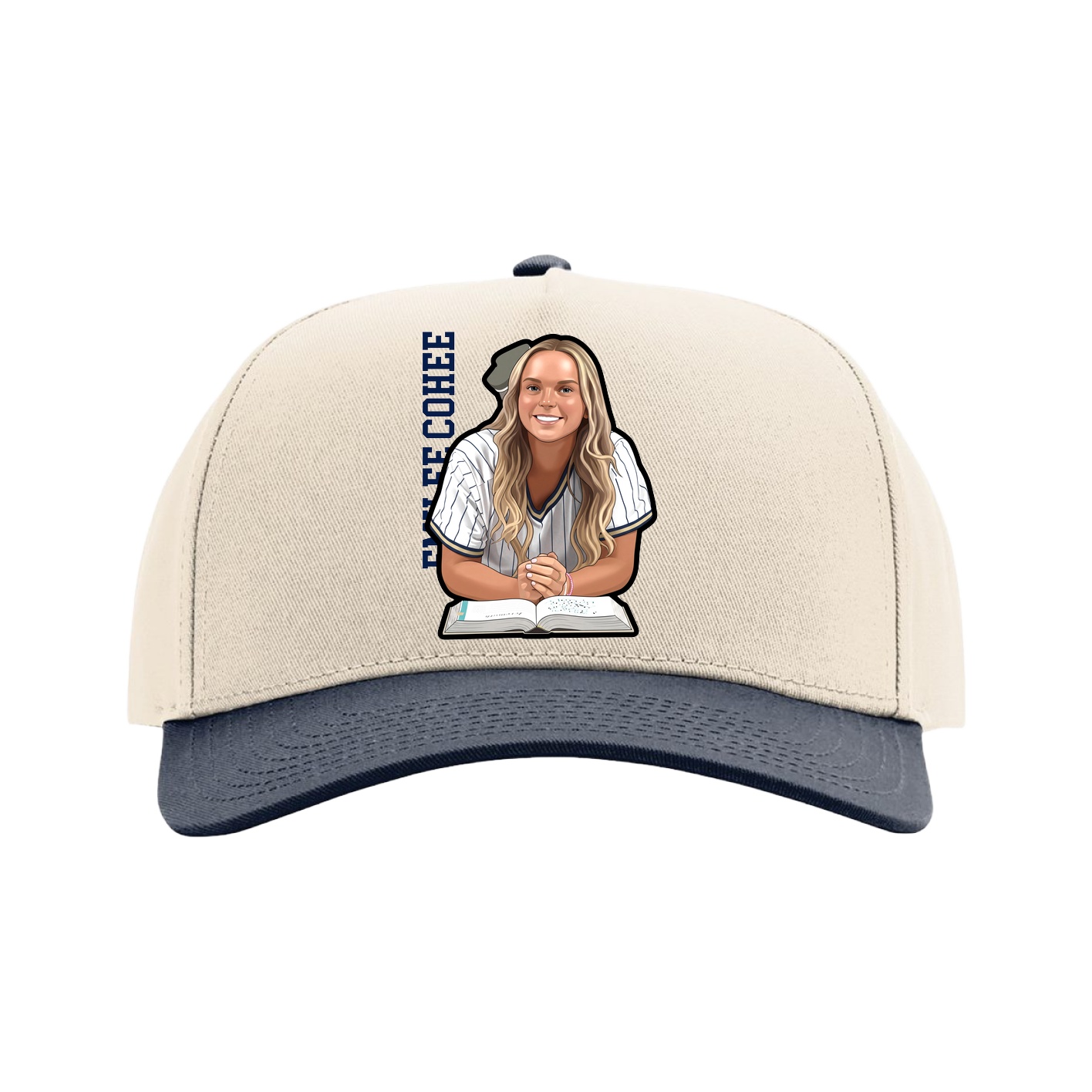 Full Fabric Five-Panel Champ Cap — Name Vertical in Cream/Navy