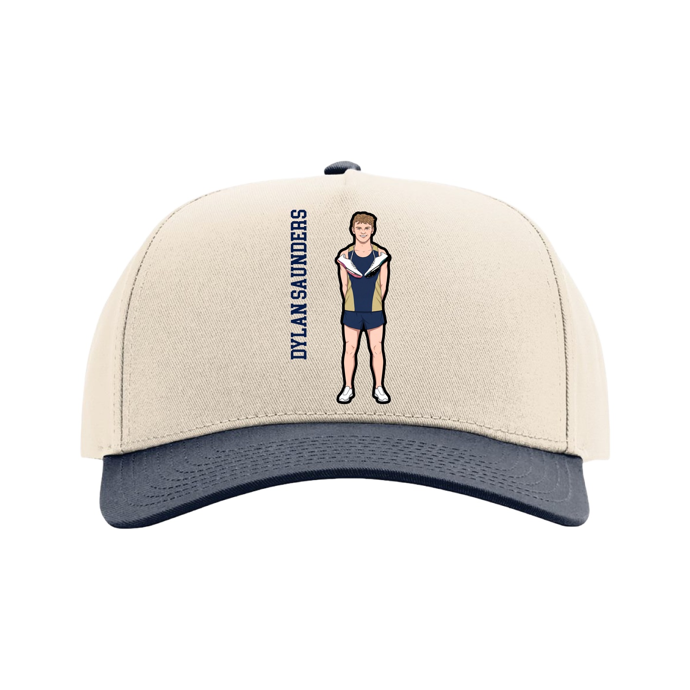 Full Fabric Five-Panel Champ Cap — Name Vertical in Cream/Navy