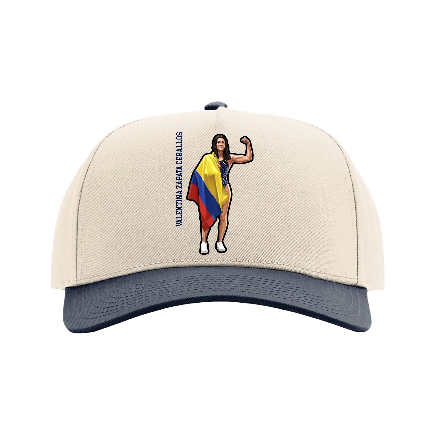 Full Fabric Five-Panel Champ Cap — Name Vertical in Cream/Navy