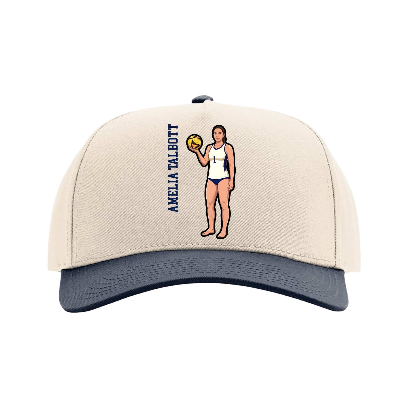 Full Fabric Five-Panel Champ Cap — Name Vertical in Cream/Navy