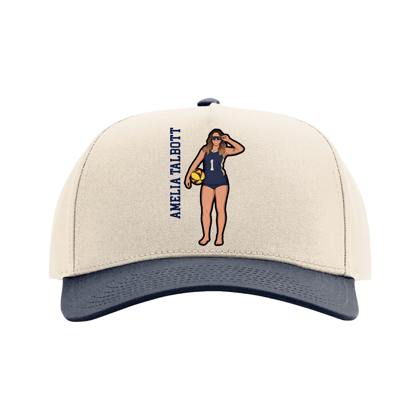 Full Fabric Five-Panel Champ Cap — Name Vertical in Cream/Navy