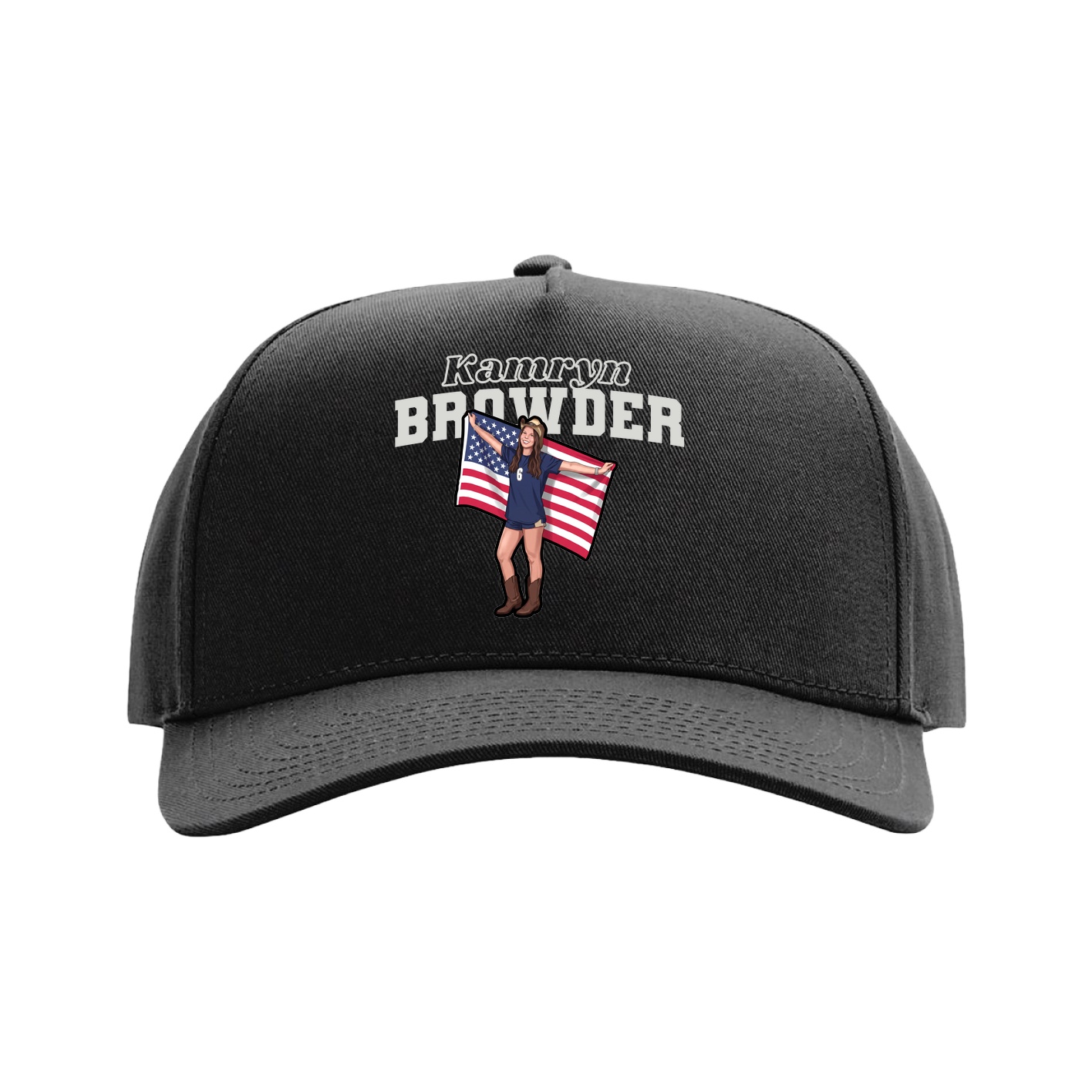 Full Fabric Five-Panel Champ Cap — Name Arch in Black